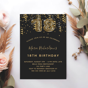 18th birthday black gold leopard pattern confetti invitation