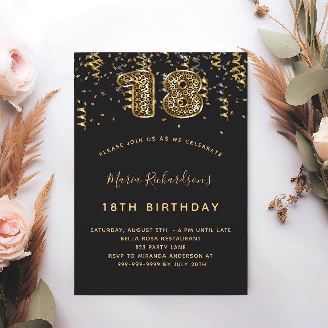 18th birthday black gold leopard print confetti invitation (Creator Uploaded)