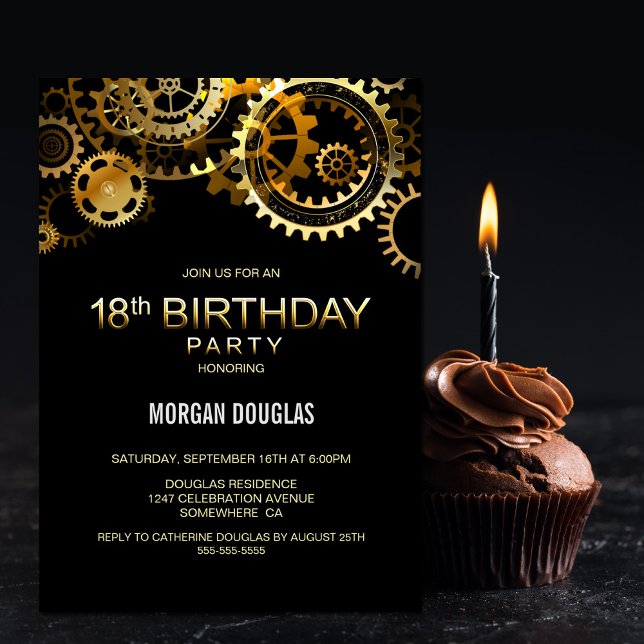 18th Birthday Black Gold Steampunk Watch Gears Invitation (Creator Uploaded)