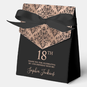 18th Birthday Black Rose Gold Damask Thank You  Favour Box