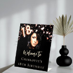 18th Birthday black rose gold photo star welcome Pedestal Sign<br><div class="desc">A welcome sign for a girly and glamourous 18th birthday party.  A classic black background decorated with rose gold stars.  Personalise and add a photo and name.  Number 18 is written with a balloon style font.</div>
