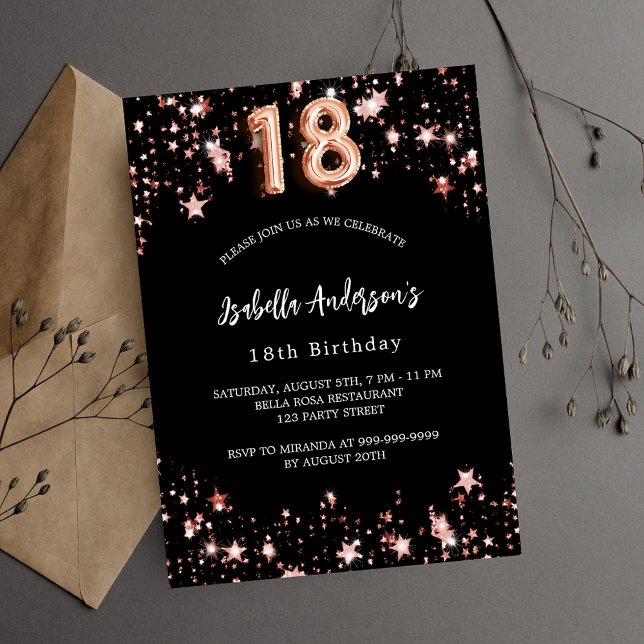 18th birthday black rose gold stars invitation postcard (Creator Uploaded)