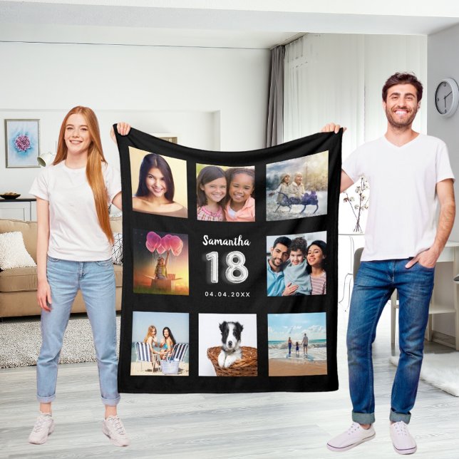 18th birthday black silver photo collage name fleece blanket (Creator Uploaded)