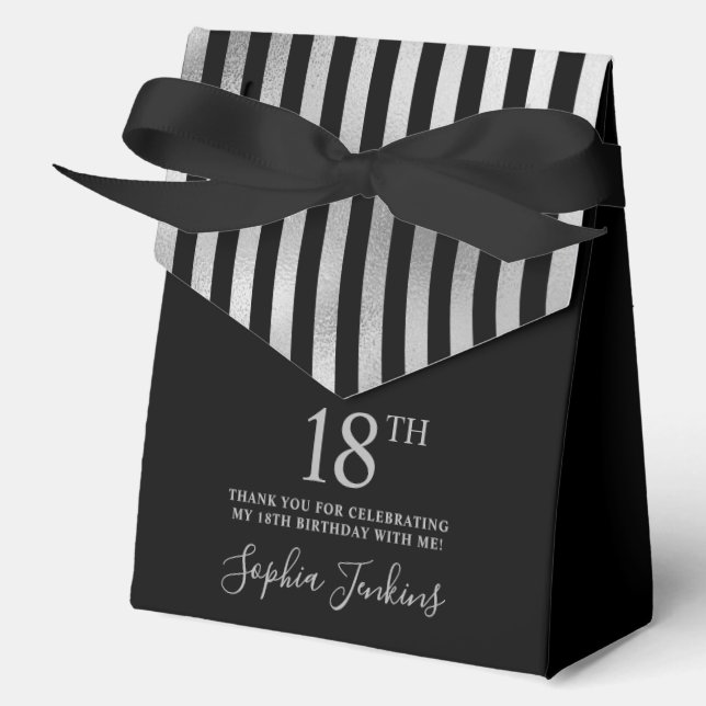 18th Birthday Black Silver Striped Thank You  Favour Box (Front)