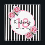18th birthday black stripes pink florals magnet<br><div class="desc">A magnet for a 18th birthday party. Classic slim black and white vertical stripes as background. With girly and feminine pink roses as decoration. A white and pink frame on front with template for age, name and date. Age number in pink, name and date in black. The name is written...</div>