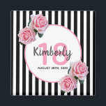 18th birthday black stripes pink florals magnet<br><div class="desc">A magnet for a 18th birthday party. Classic slim black and white vertical stripes as background. With girly and feminine pink roses as decoration. A white and pink frame on front with template for age, name and date. Age number in pink, name and date in black. The name is written...</div>