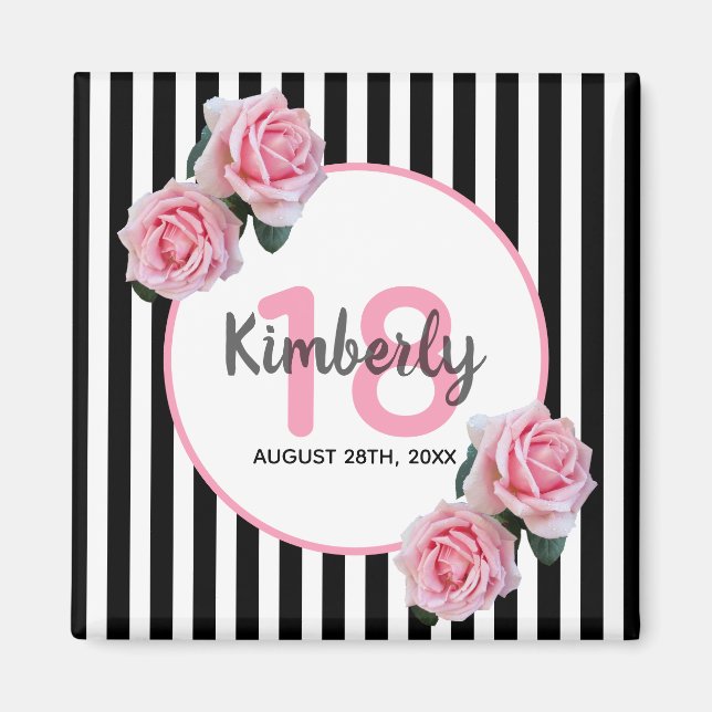 18th birthday black stripes pink florals magnet (Front)