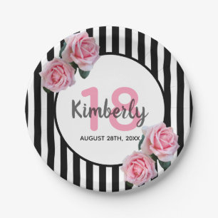 18th birthday black stripes pink florals paper plate