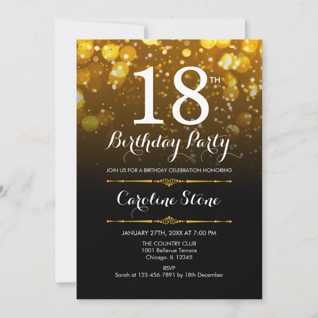 18th Birthday - Black White Gold Invitation (Front)