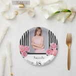 18th birthday black white stripes florals photo paper plate<br><div class="desc">Elegant, glamourous and feminine for a girl's 18th birthday party. Classic and chic slim black and white vertical stripes. Decorated with pink flowers, peonies and roses. Templates for a name, age 18, date of birth and the date of the anniversary. Template for your own vertical sized photo. Girly and elegant!...</div>