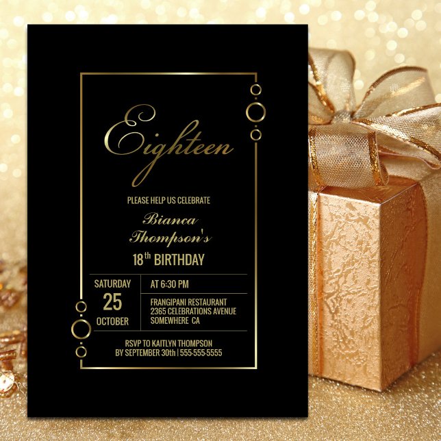 18th Birthday Black with Gold Frame Party Invitation (Creator Uploaded)