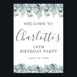 18th Birthday Blue Floral Printable Welcome Sign<br><div class="desc">Welcome your guests with this elegant sign. Pretty dusty blue roses,  peonies and wildflowers decorate the top and border. A classic and easy-to-read font combination takes only minutes to personalise.</div>
