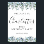 18th Birthday Blue Floral Printable Welcome Sign<br><div class="desc">Welcome your guests with this elegant sign. Pretty dusty blue roses,  peonies and wildflowers decorate the top and border. A classic and easy-to-read font combination takes only minutes to personalise.</div>