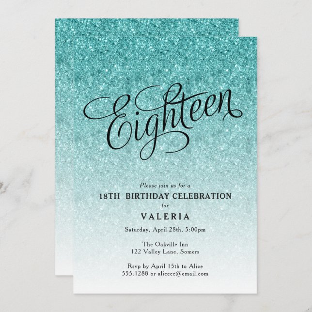 18th Birthday Blue Ombre Glitter Invitation (Front/Back)