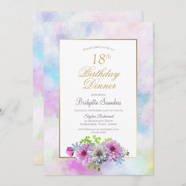 18th Birthday Blue Pink Floral Pastel Dinner Invitation (Front/Back)