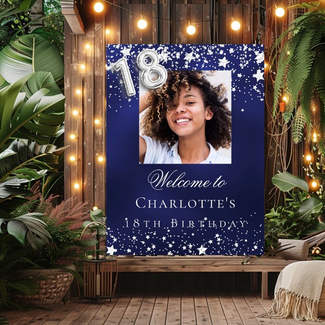18th birthday blue silver stars photo welcome poster (Creator Uploaded)