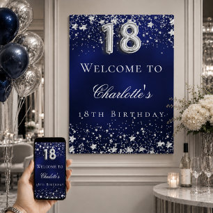 18th birthday blue silver stars welcome party poster