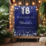 18th birthday blue silver stars welcome party poster<br><div class="desc">A welcome poster for a 18th birthday party.  A navy blue background with elegant faux silver stars. The blue colour is uneven.  Personalise and add a name and text.  White text.</div>