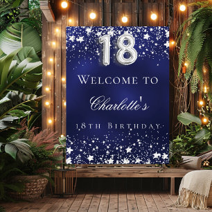 18th birthday blue silver stars welcome party poster