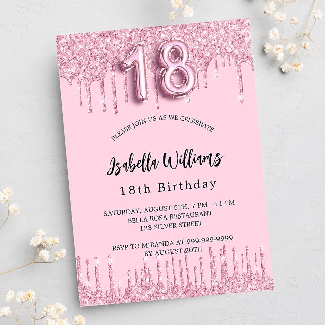 18th Birthday blush pink glitter drips luxury Invitation (Creator Uploaded)