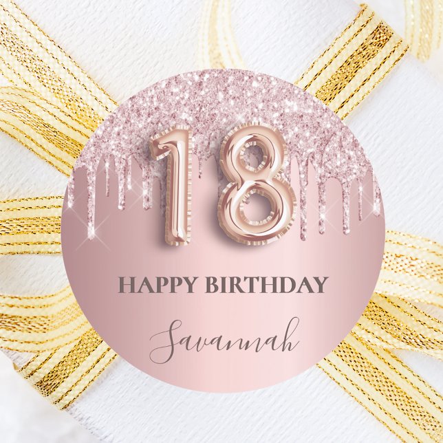 18th birthday blush pink glitter drips name classic round sticker (Creator Uploaded)