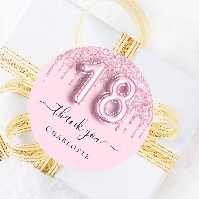 18th birthday blush pink glitter name thank you classic round sticker (Creator Uploaded)