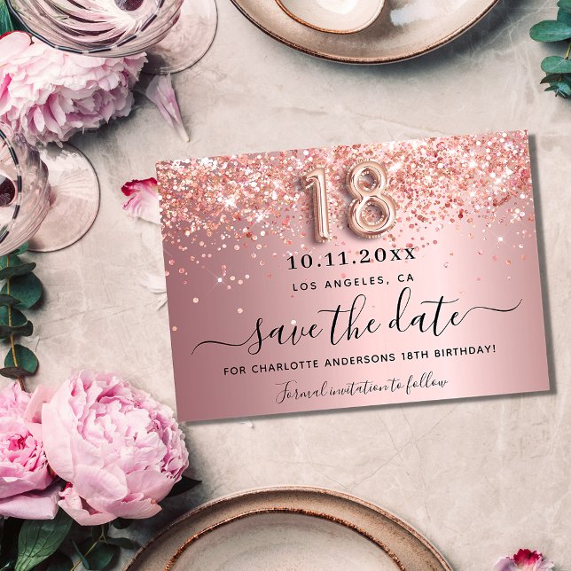 18th birthday blush pink glitter save the date announcement postcard (Creator Uploaded)