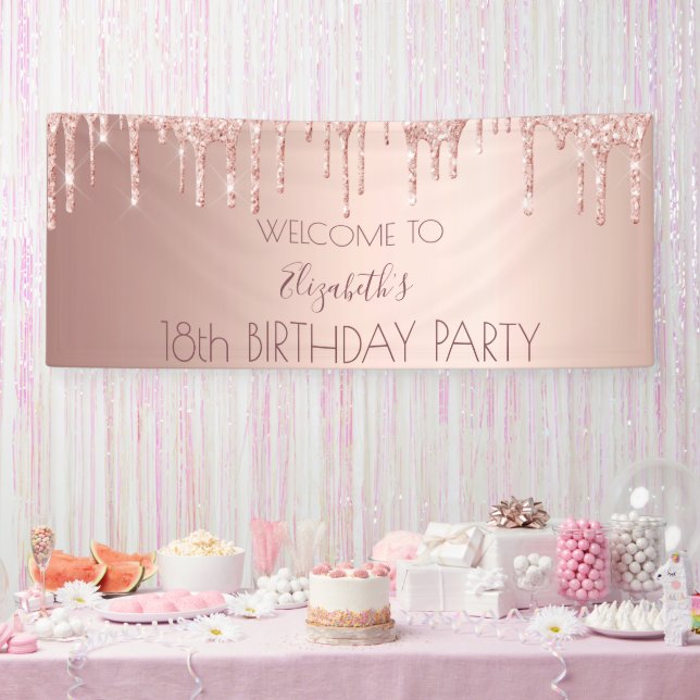 18th birthday blush rose gold glitter drip welcome banner (Party)