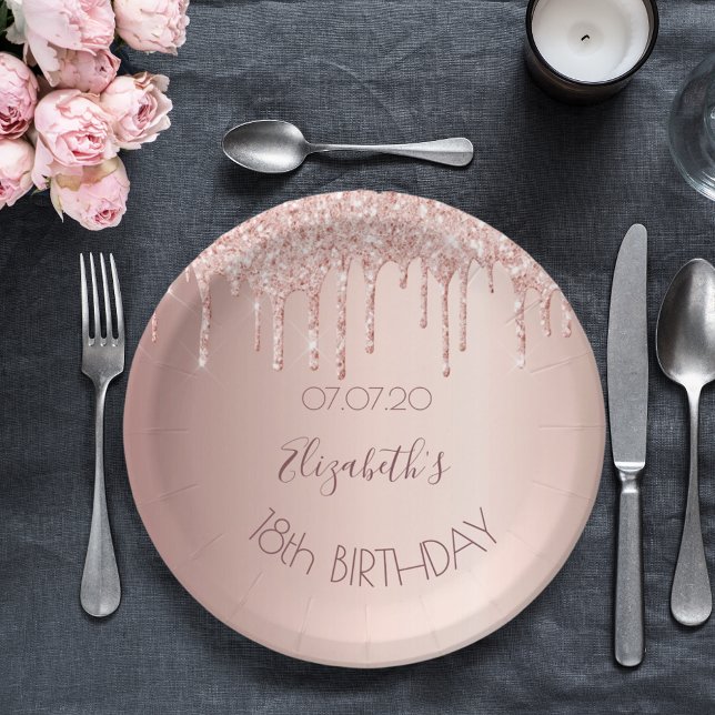 18th birthday blush rose gold glitter drips name paper plate (Creator Uploaded)