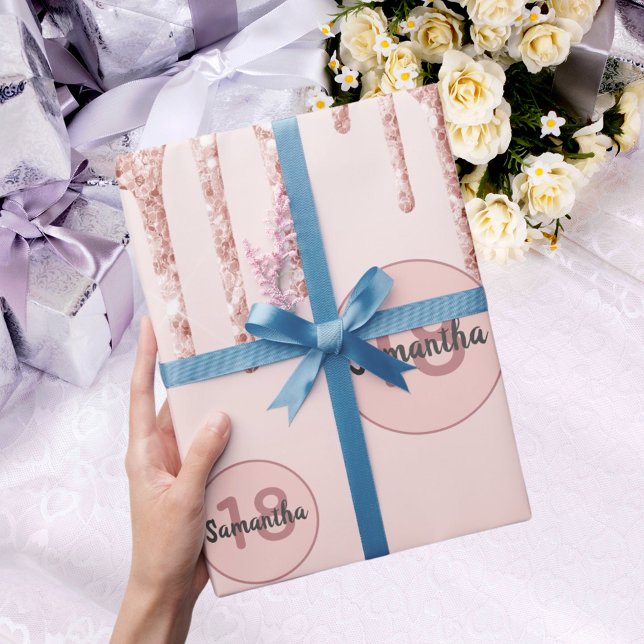 18th birthday blush rose gold glitter drips wrapping paper (Creator Uploaded)