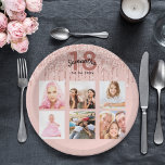 18th birthday blush rose gold glitter name paper plate<br><div class="desc">For a girly, glamourous 18th birthday party, celebrating her life with a collage of 6 of your own photos. Personalise and add a name, age 18 and a date. Date of birth or the date of the party. Dark rose gold and black coloured letters. A trendy rose gold coloured background...</div>