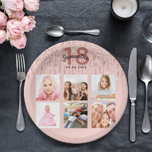 18th birthday blush rose gold glitter name paper plate