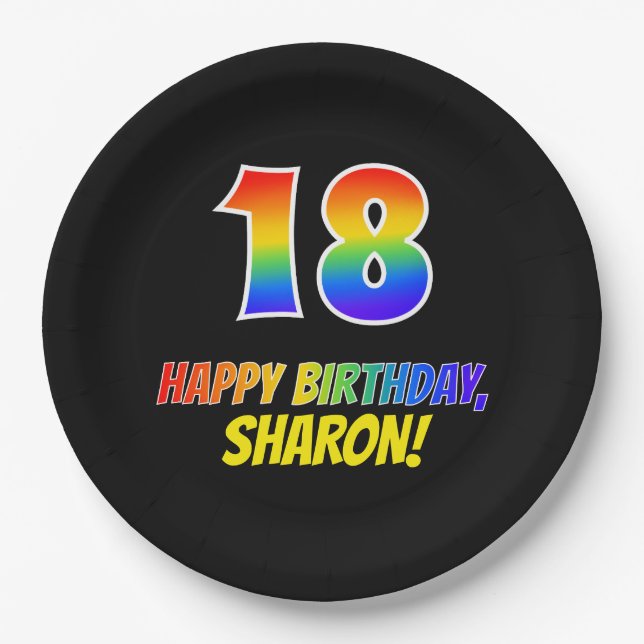 18th Birthday: Bold, Fun, Simple, Rainbow 18 Paper Plate (Front)