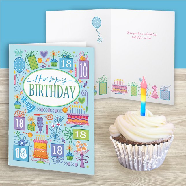 18th Birthday Bright Pastel Icons On Blue Card (Creator Uploaded)
