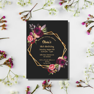 18th birthday burgundy floral gold geometric black invitation
