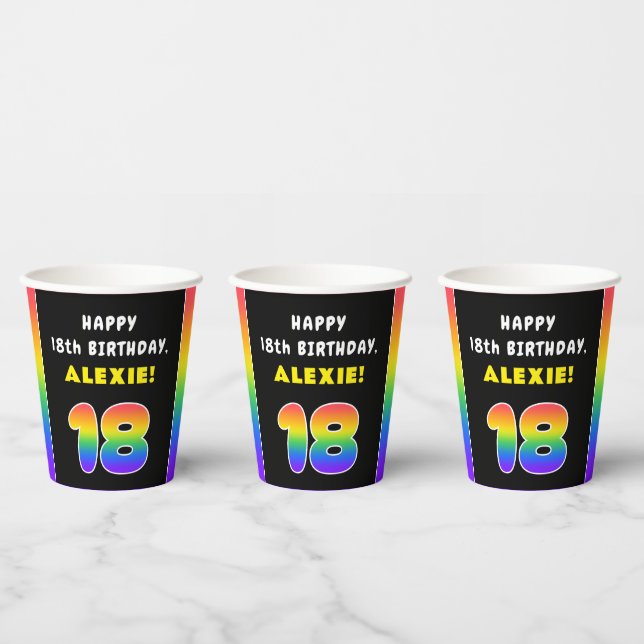 18th Birthday: Colourful Rainbow # 18, Custom Name Paper Cups (Multi)