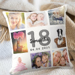 18th birthday custom photo collage girl white cushion<br><div class="desc">A unique gift for a girl's 18th birthday, celebrating her life with a collage of 8 of your own photos, pictures. Personalize and add her name, age 18 and a date. A chic white background. Gray and black letters and numbers. The name is written with a modern hand lettered style...</div>