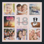 18th birthday custom photo collage rose gold name faux canvas print<br><div class="desc">A unique 18th birthday gift or keepsake, celebrating her life with a collage of 8 of your photos. Add images of her family, friends, pets, hobbies or dream travel destination. Personalise and add a name, age 18 and a date. Grey and dark rose gold coloured letters. A chic black background....</div>