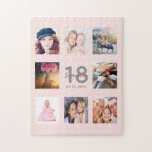 18th birthday custom photo rose gold blush pink jigsaw puzzle<br><div class="desc">A unique 18th birthday gift or keepsake, celebrating her life with a collage of 8 of your photos. Add images of her family, friends, pets, hobbies or dream travel destination. Personalise and add a name, age 18 and a date. Grey and dark rose gold coloured letters. Elegant and trendy blush...</div>