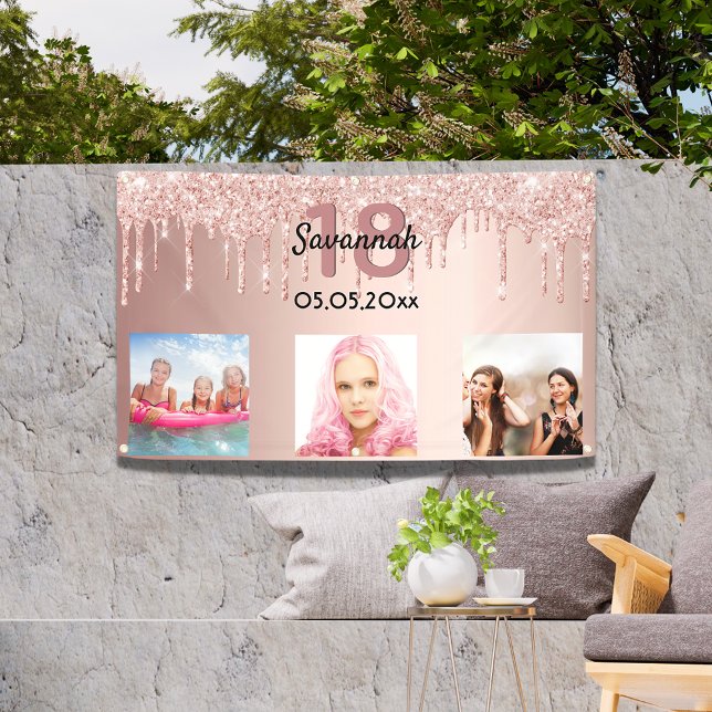 18th birthday custom photo rose gold pink banner (Creator Uploaded)