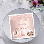 18th birthday custom photo rose gold pink drips napkin<br><div class="desc">A napkin for a girly and glamourous 18th birthday party. A rose gold metallic background with an elegant faux rose gold drips, paint dripping look. The text: The name is written in dark rose gold with a large modern hand lettered style script. Personalise and add name, age 18 and 3...</div>
