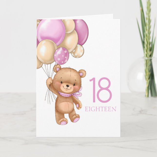 18th birthday cute pink balloons girl teddy card (Front)
