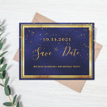 18th birthday dark blue gold save the date postcard<br><div class="desc">A Save the Date card for an 18th birthday party for a guy, man, male. A dark blue background decorated with golden confetti and a faux gold and black frame. The blue colour is uneven. Templates for a date and name/age 18. Golden coloured letters. The text: Save the Date is...</div>