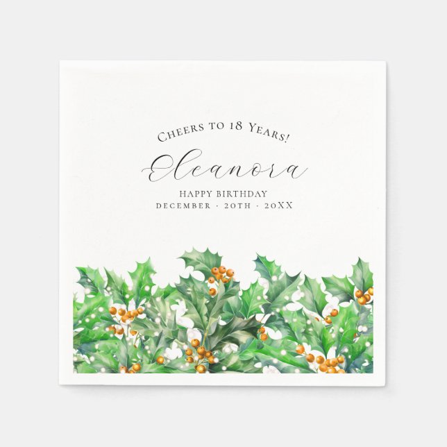 18th Birthday December Birth Flower Holly Custom Napkin (Front)