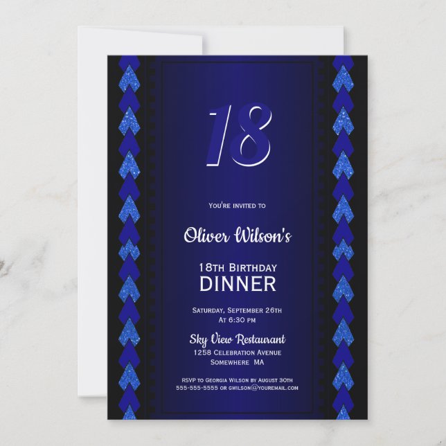 18th Birthday Dinner Black and Blue Party Invitation (Front)