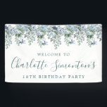 18th Birthday Dusty Blue Floral Welcome Banner<br><div class="desc">Welcome your guests with this elegant welcome banner. Pretty dusty blue roses,  peonies and wildflowers decorate the top border. A classic and easy-to-read font combination takes only minutes to personalise.</div>