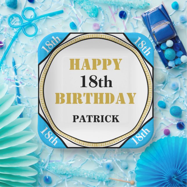 18th Birthday Elegant Blue Gold  Paper Plate (Party)