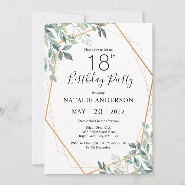 18th Birthday Elegant Eucalyptus Greenery and Gold Invitation (Front)