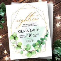 18th Birthday Elegant Eucalyptus Greenery and Gold