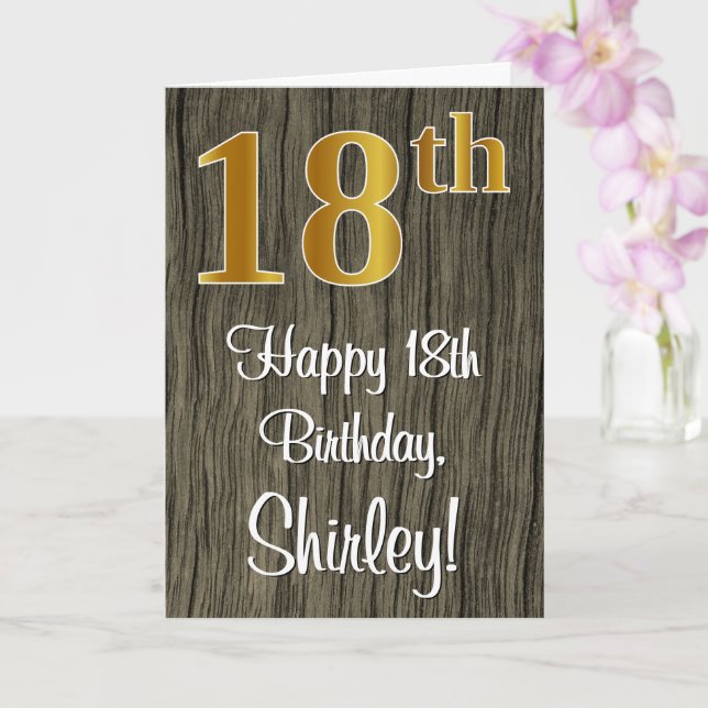 18th Birthday: Elegant Faux Gold Look #, Faux Wood Card (Orchid)
